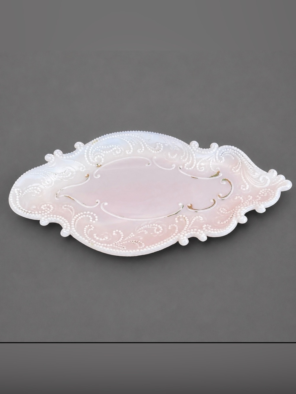 Milk Glass Antique Victorian Dresser Pin Tray with Paisley Scroll Edging